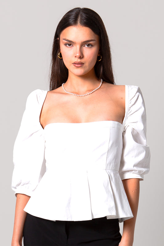 White Puff-Sleeve Cotton Peplum Blouse