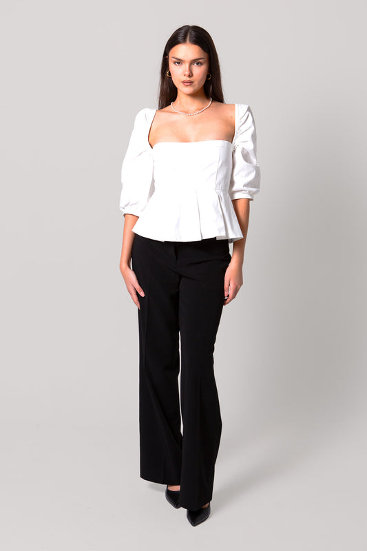 White Puff-Sleeve Cotton Peplum Blouse