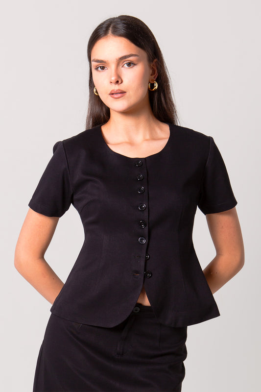Black Fitted Button-Up Crop Blouse