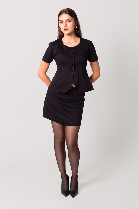 Black Fitted Button-Up Crop Blouse