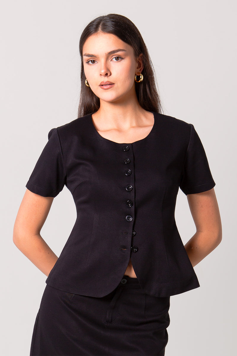 Black Fitted Button-Up Crop Blouse