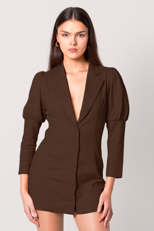 Chocolate Linen-Blend Puff Sleeve Blazer Dress
