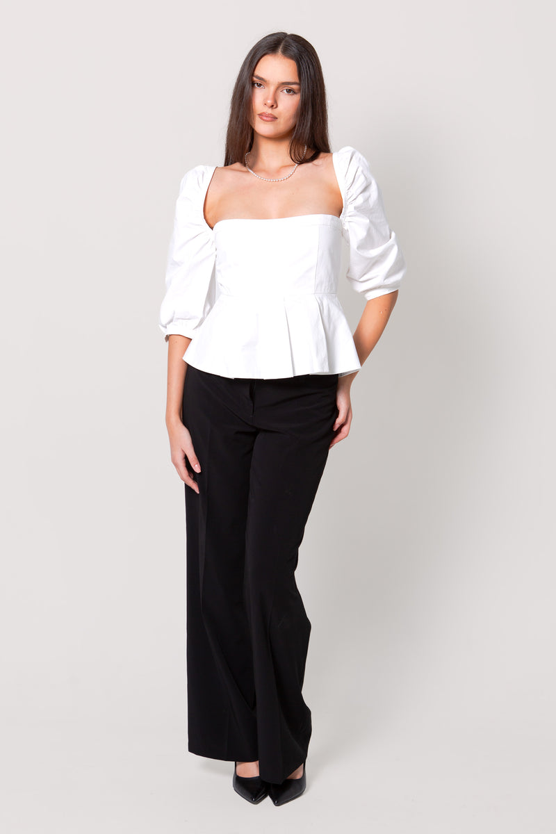 White Puff-Sleeve Cotton Peplum Blouse