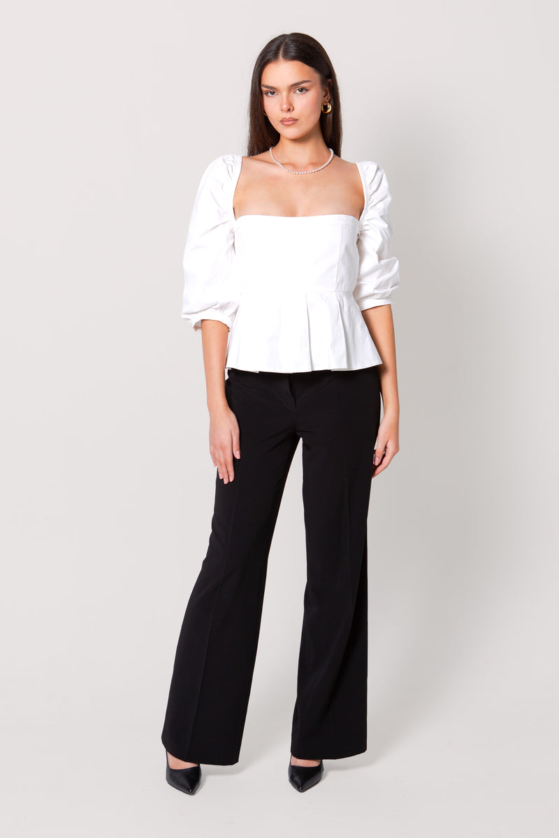 White Puff-Sleeve Cotton Peplum Blouse